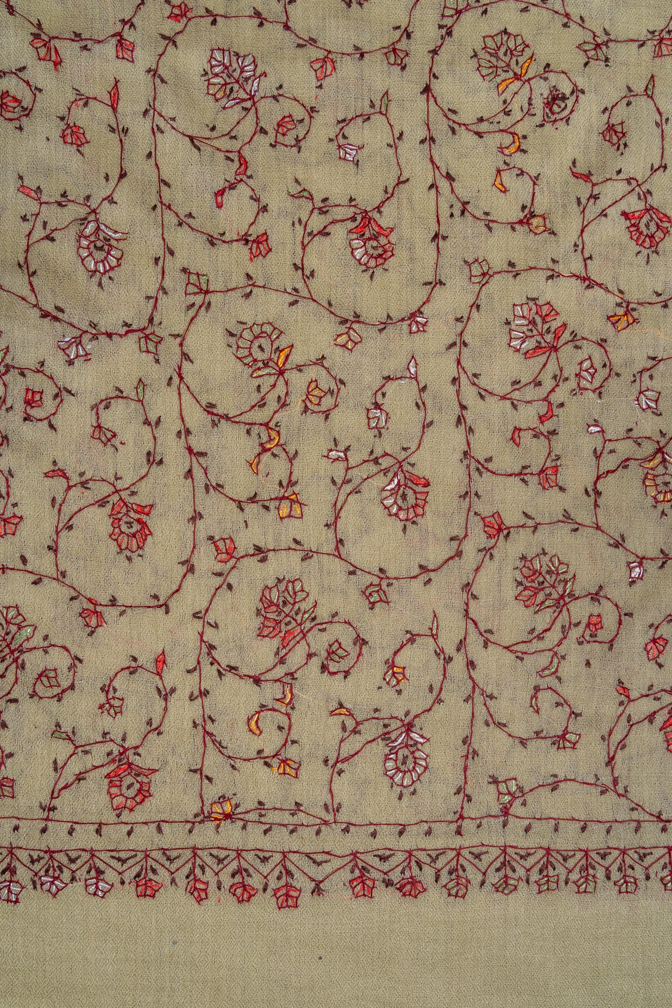 2.5 Yards Sozni Hand Embroidered Shawl in Antique Olive Floral