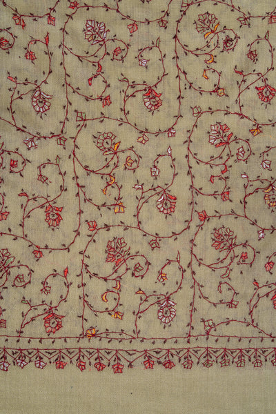 2.5 Yards Sozni Hand Embroidered Shawl in Antique Olive Floral