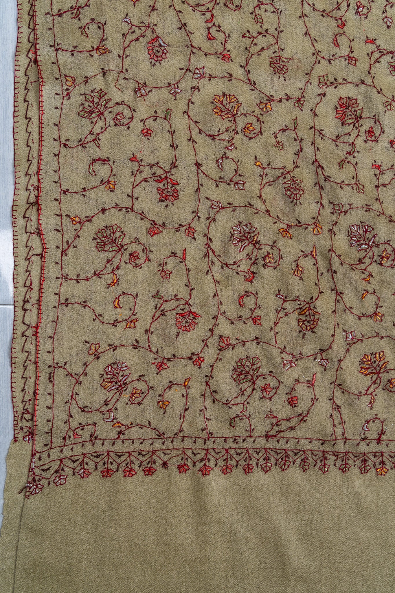 2.5 Yards Sozni Hand Embroidered Shawl in Antique Olive Floral