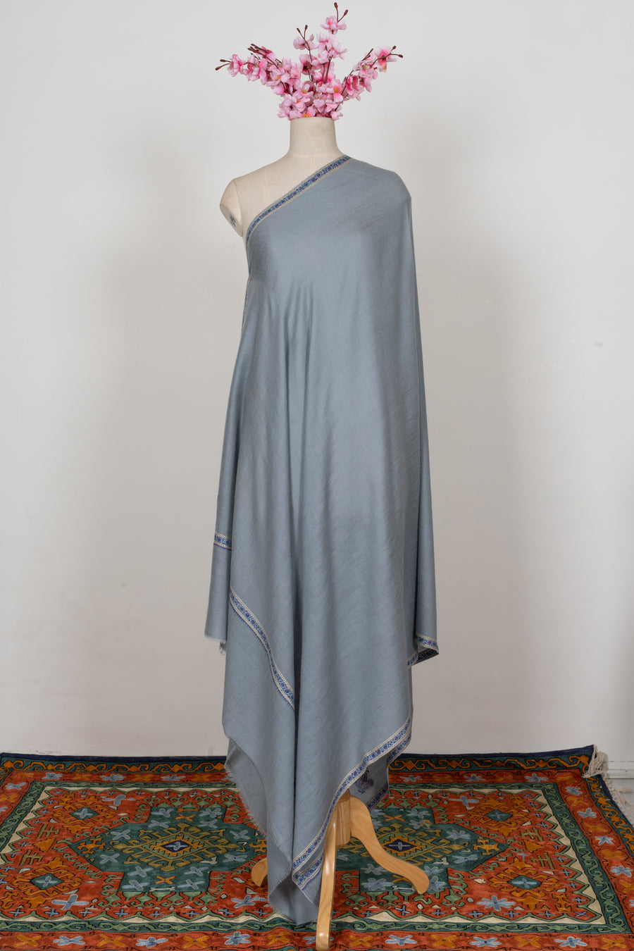 Celestial Mist Elegance: Pure Pashmina Sozni Hand Embroidered 2.5 Yards Shawl