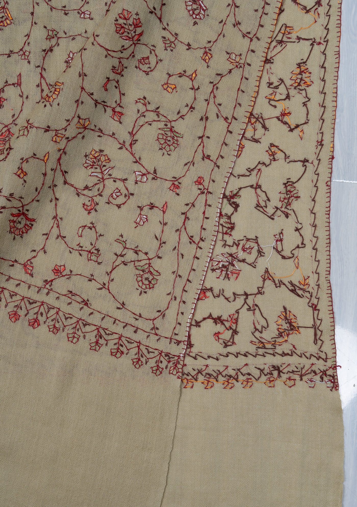 2.5 Yards Sozni Hand Embroidered Shawl in Antique Olive Floral
