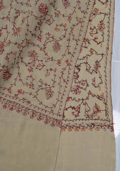 2.5 Yards Sozni Hand Embroidered Shawl in Antique Olive Floral