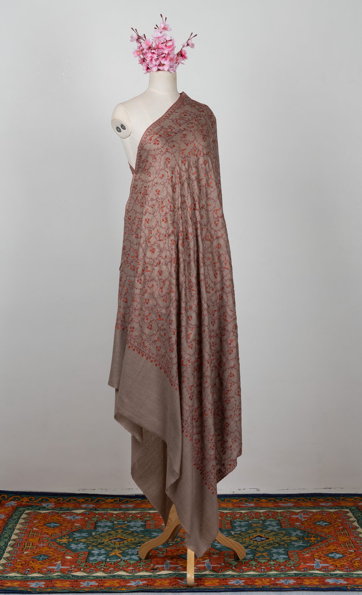 2.5 Yards Sozni Hand Embroidered Shawl in Mocha Brown Heritage Vine