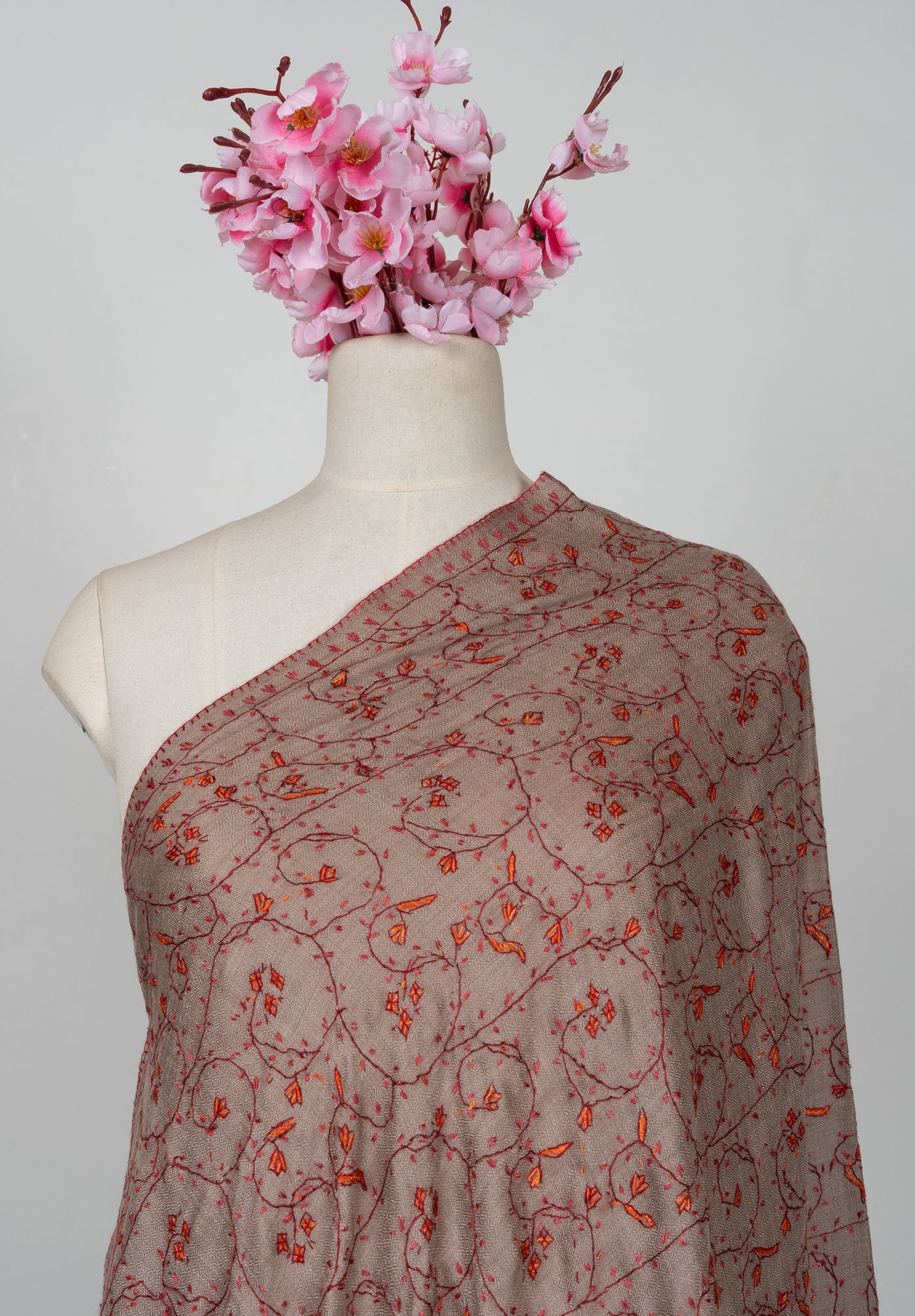 2.5 Yards Sozni Hand Embroidered Shawl in Mocha Brown Heritage Vine