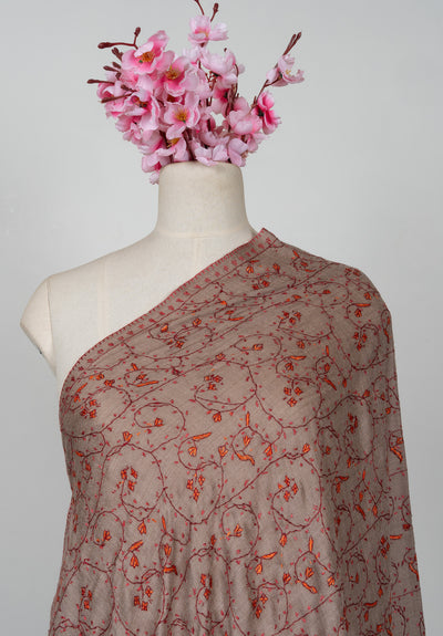 2.5 Yards Sozni Hand Embroidered Shawl in Mocha Brown Heritage Vine