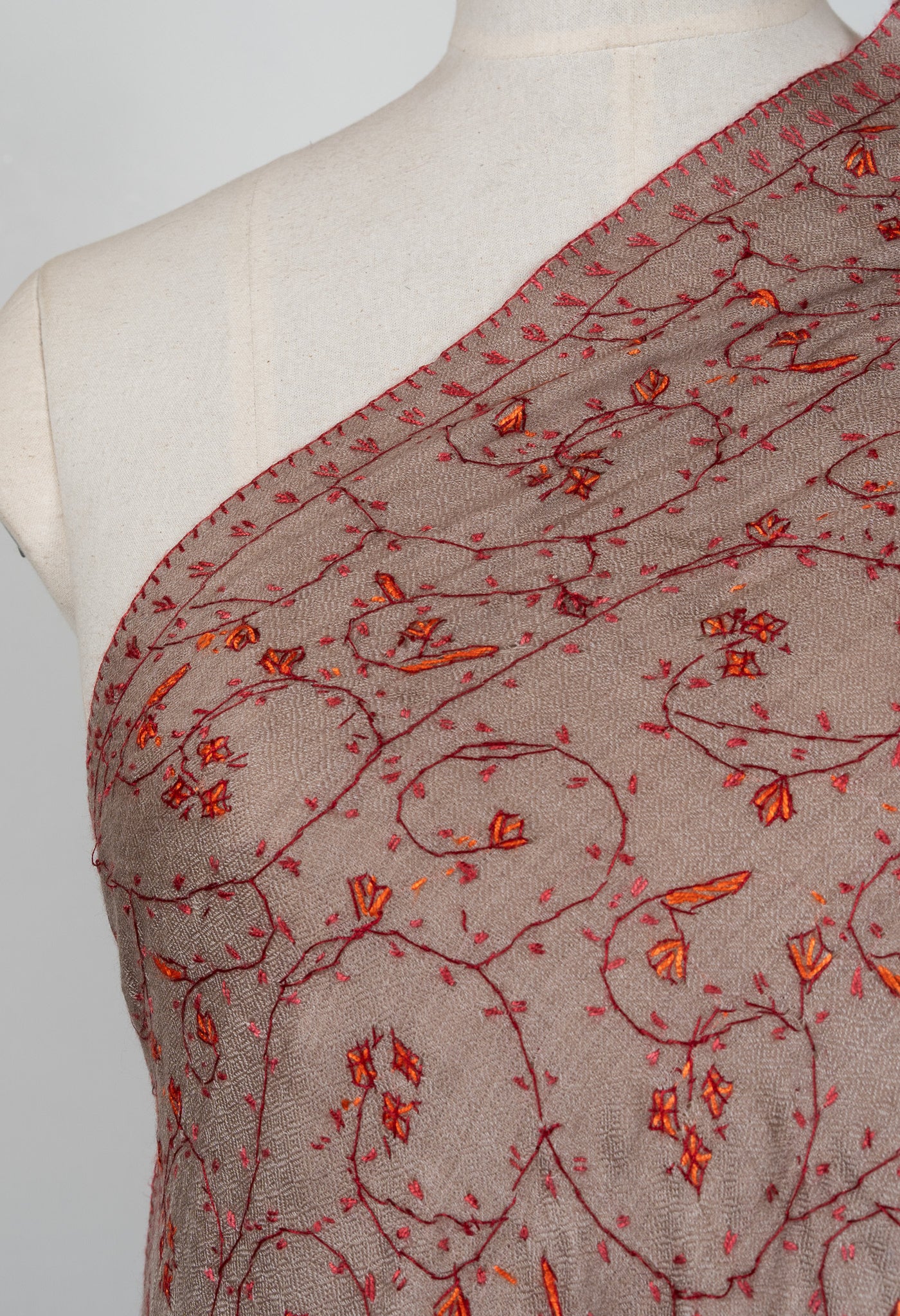 2.5 Yards Sozni Hand Embroidered Shawl in Mocha Brown Heritage Vine