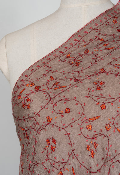 2.5 Yards Sozni Hand Embroidered Shawl in Mocha Brown Heritage Vine