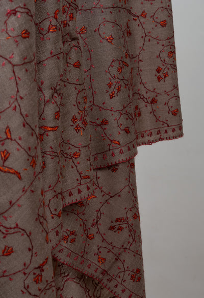 2.5 Yards Sozni Hand Embroidered Shawl in Mocha Brown Heritage Vine