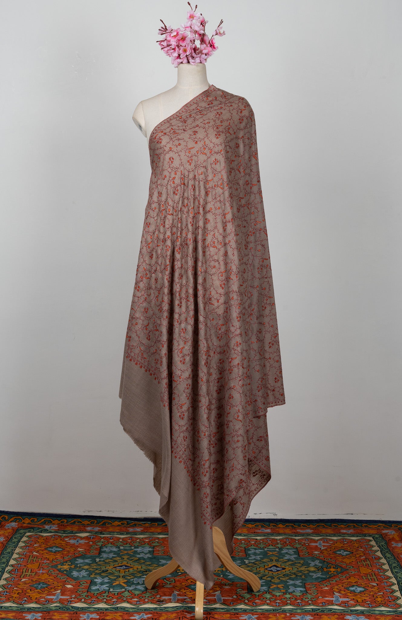 2.5 Yards Sozni Hand Embroidered Shawl in Mocha Brown Heritage Vine