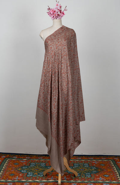 2.5 Yards Sozni Hand Embroidered Shawl in Mocha Brown Heritage Vine
