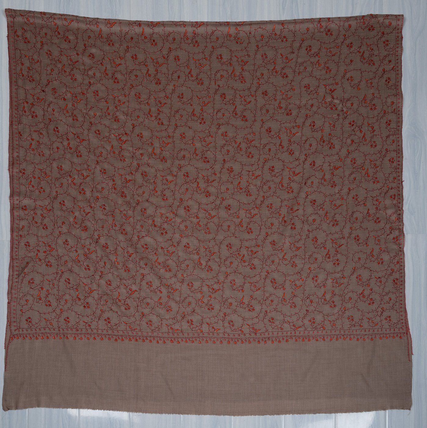 2.5 Yards Sozni Hand Embroidered Shawl in Mocha Brown Heritage Vine
