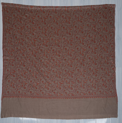2.5 Yards Sozni Hand Embroidered Shawl in Mocha Brown Heritage Vine