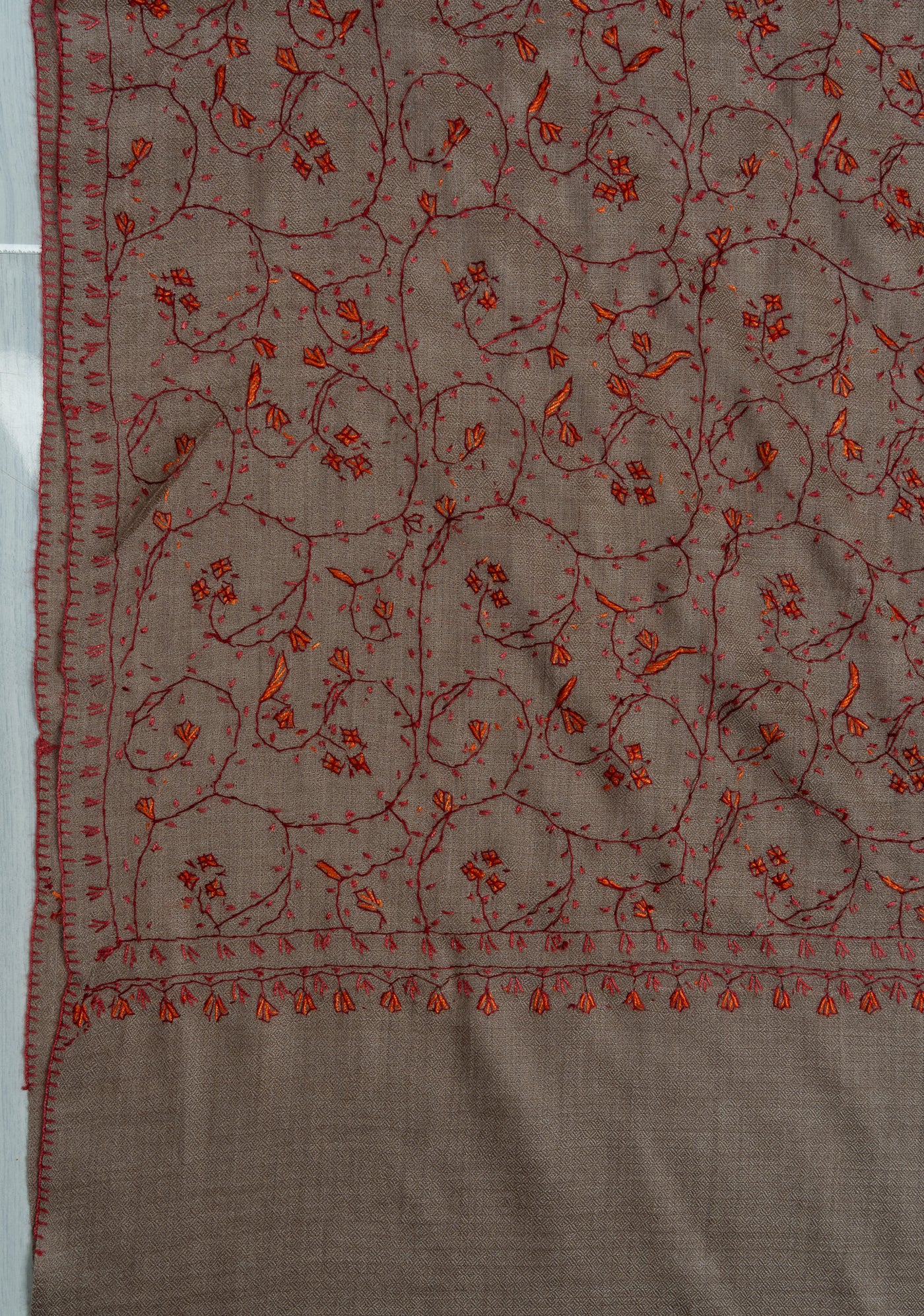 2.5 Yards Sozni Hand Embroidered Shawl in Mocha Brown Heritage Vine