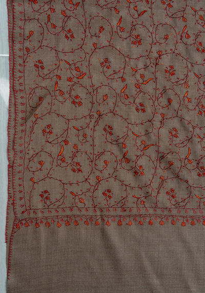 2.5 Yards Sozni Hand Embroidered Shawl in Mocha Brown Heritage Vine