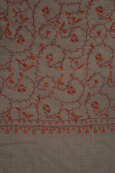 2.5 Yards Sozni Hand Embroidered Shawl in Mocha Brown Heritage Vine