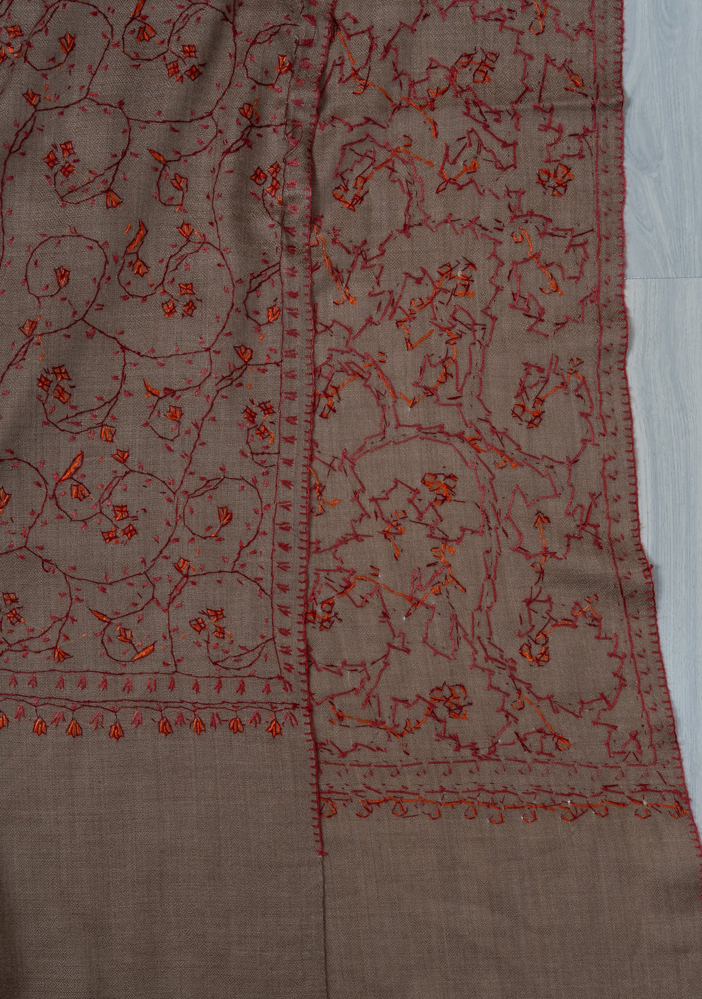 2.5 Yards Sozni Hand Embroidered Shawl in Mocha Brown Heritage Vine