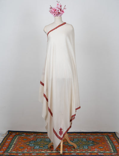 2.5 Yards Sozni Hand Embroidered Shawl in Classic Ivory Maroon Edge