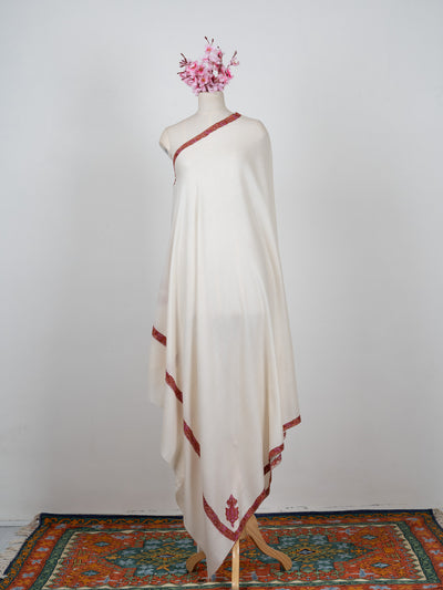 2.5 Yards Sozni Hand Embroidered Shawl in Classic Ivory Maroon Edge