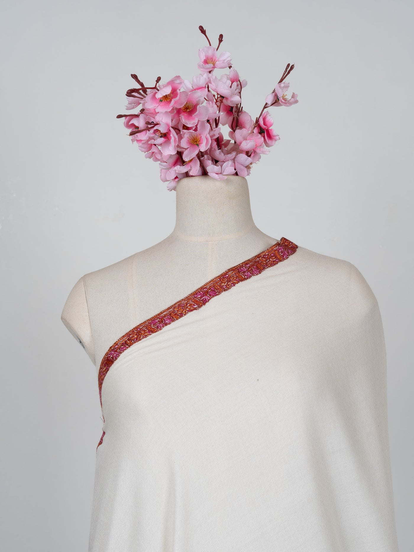 2.5 Yards Sozni Hand Embroidered Shawl in Classic Ivory Maroon Edge