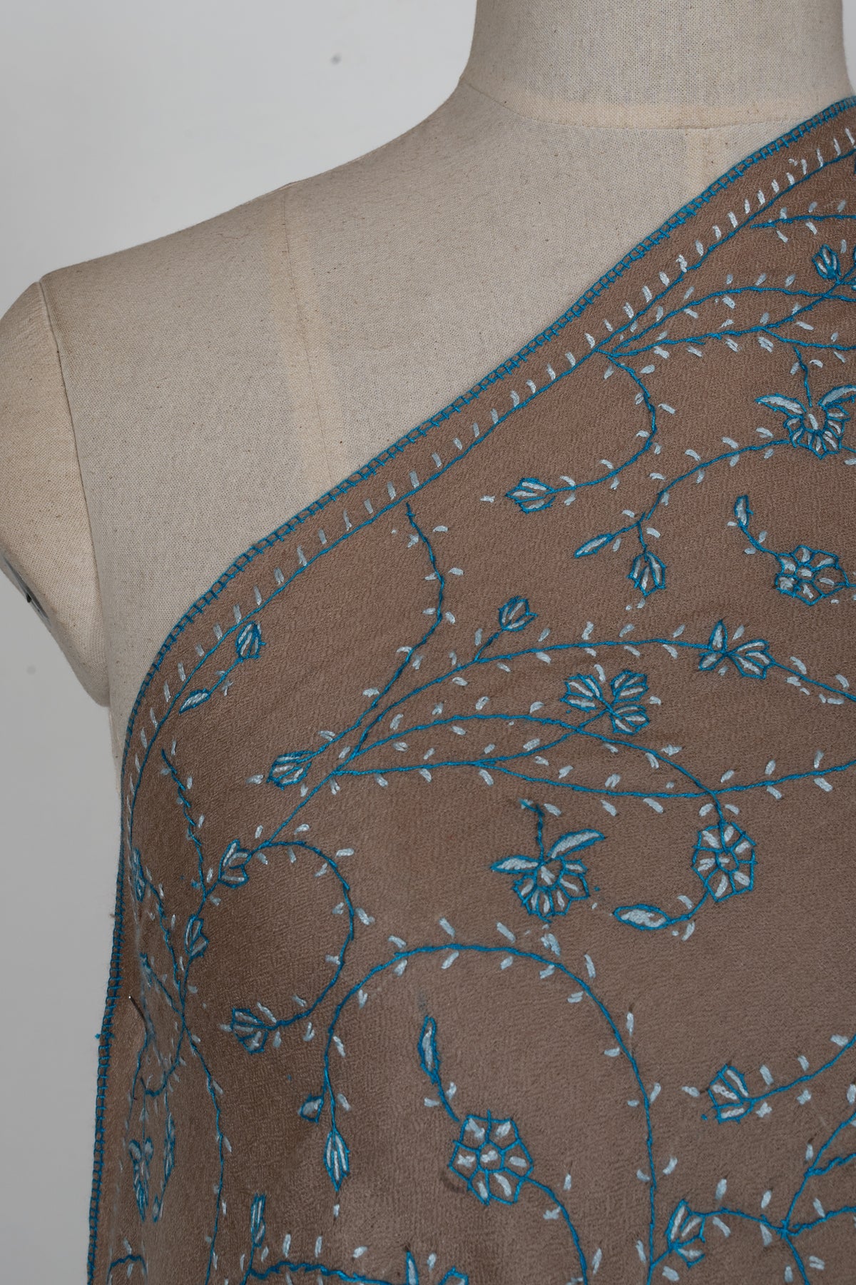 Desert Bloom Azure Vine: Fine Merino Wool Sozni Hand Embroidered 2.5 Yards Shawl