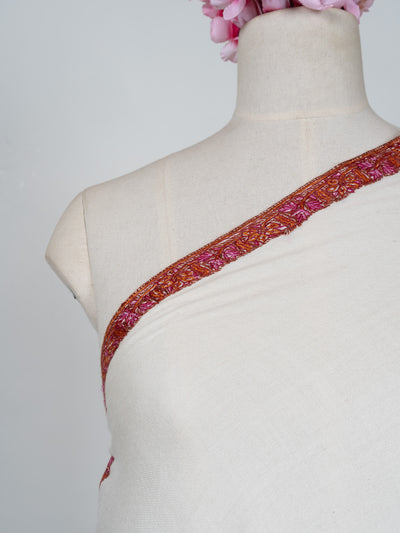 2.5 Yards Sozni Hand Embroidered Shawl in Classic Ivory Maroon Edge