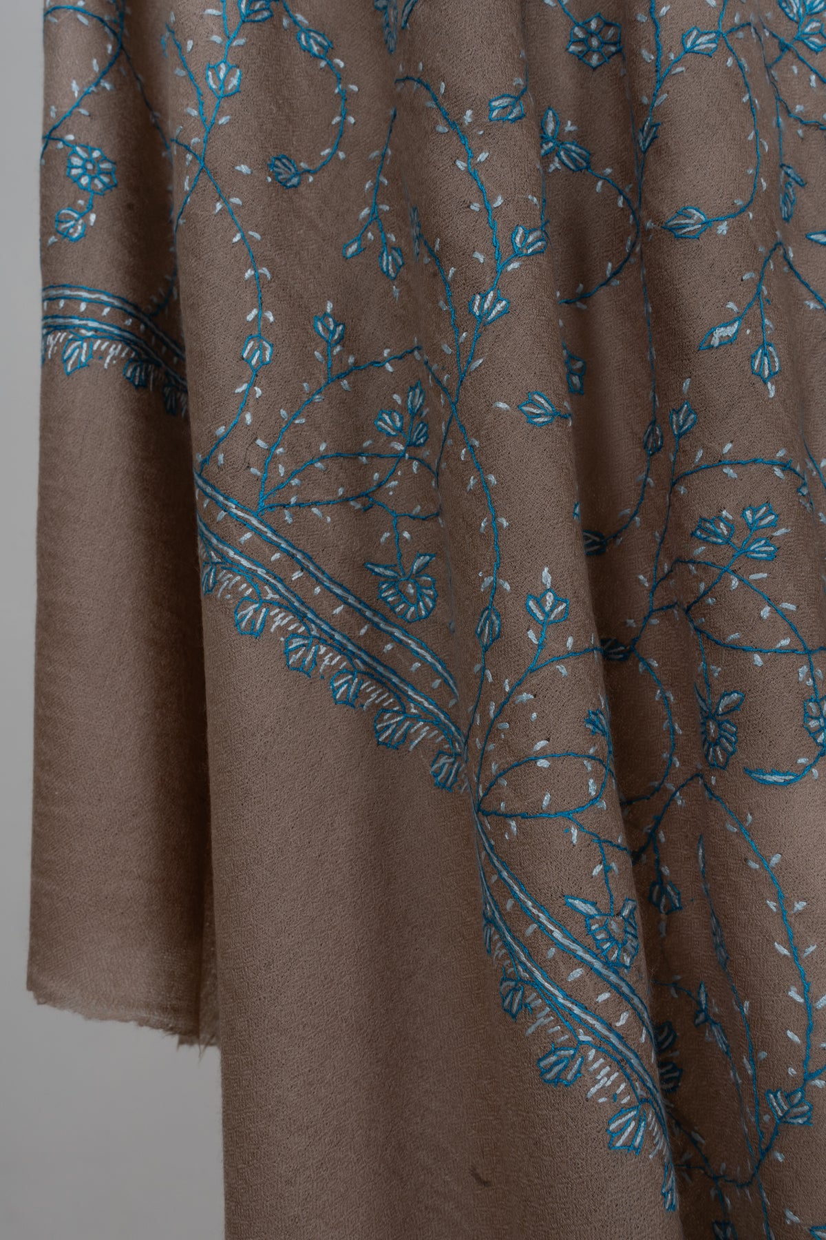 Desert Bloom Azure Vine: Fine Merino Wool Sozni Hand Embroidered 2.5 Yards Shawl
