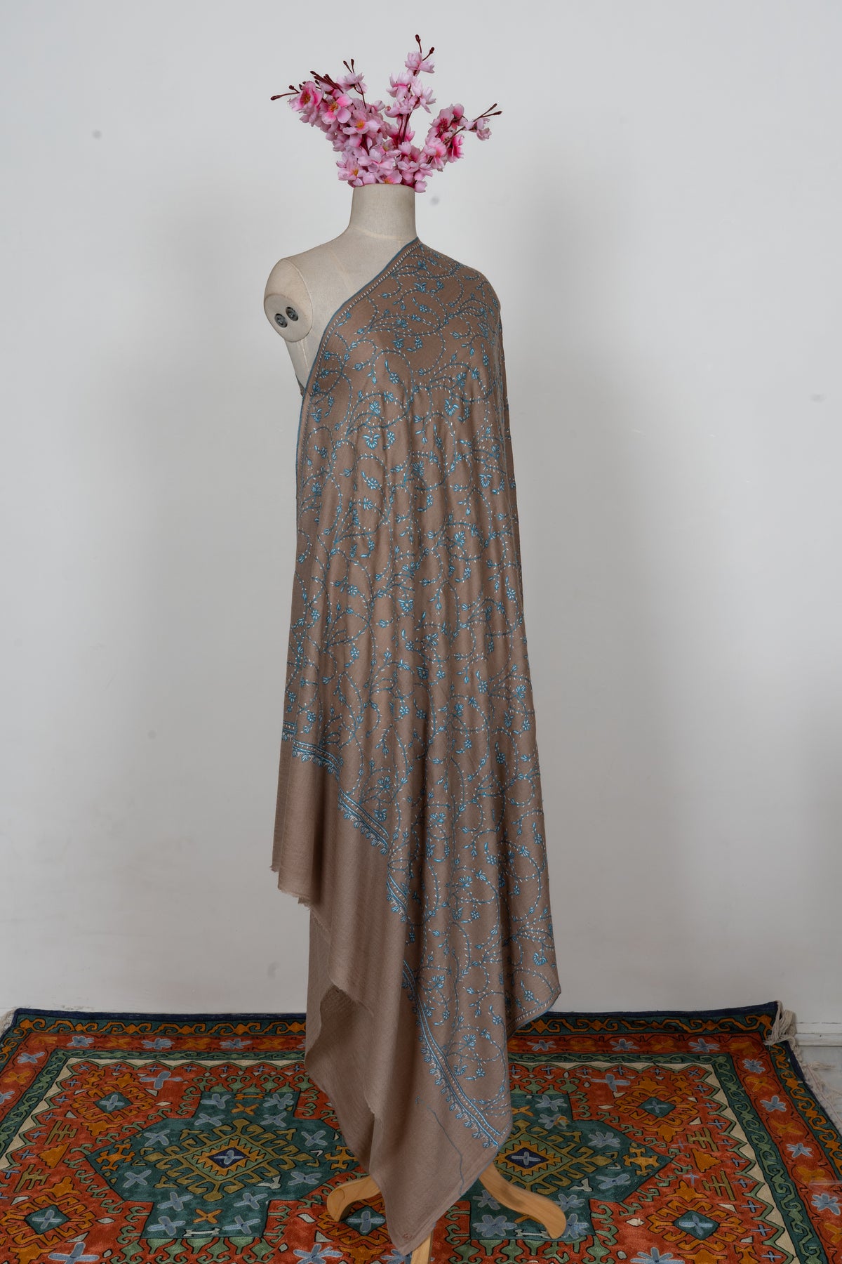 Desert Bloom Azure Vine: Fine Merino Wool Sozni Hand Embroidered 2.5 Yards Shawl