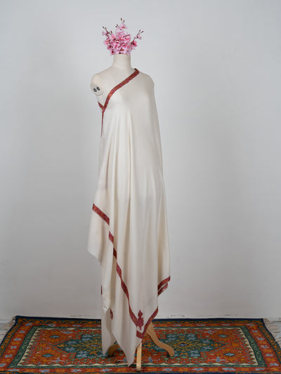 2.5 Yards Sozni Hand Embroidered Shawl in Classic Ivory Maroon Edge