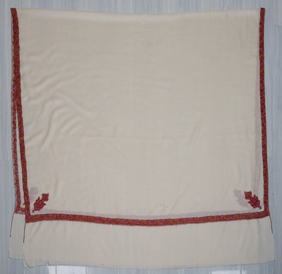 2.5 Yards Sozni Hand Embroidered Shawl in Classic Ivory Maroon Edge