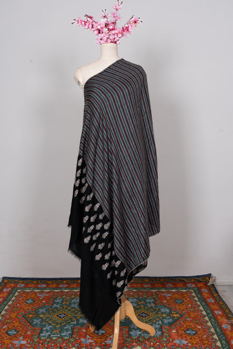 Twilight Stripe Fusion: Pure Pashmina Sozni Hand Embroidered Shawl