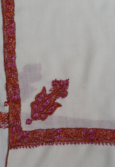 2.5 Yards Sozni Hand Embroidered Shawl in Classic Ivory Maroon Edge