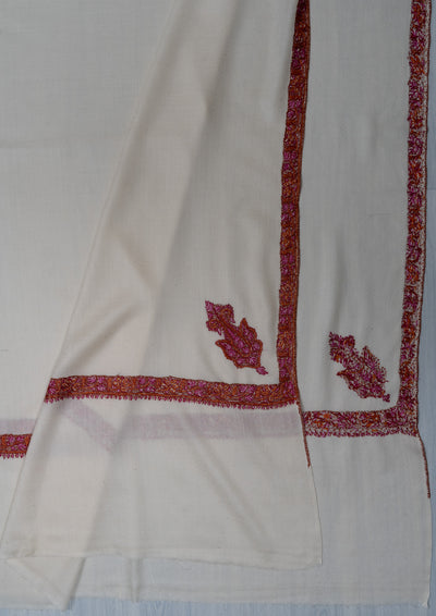2.5 Yards Sozni Hand Embroidered Shawl in Classic Ivory Maroon Edge