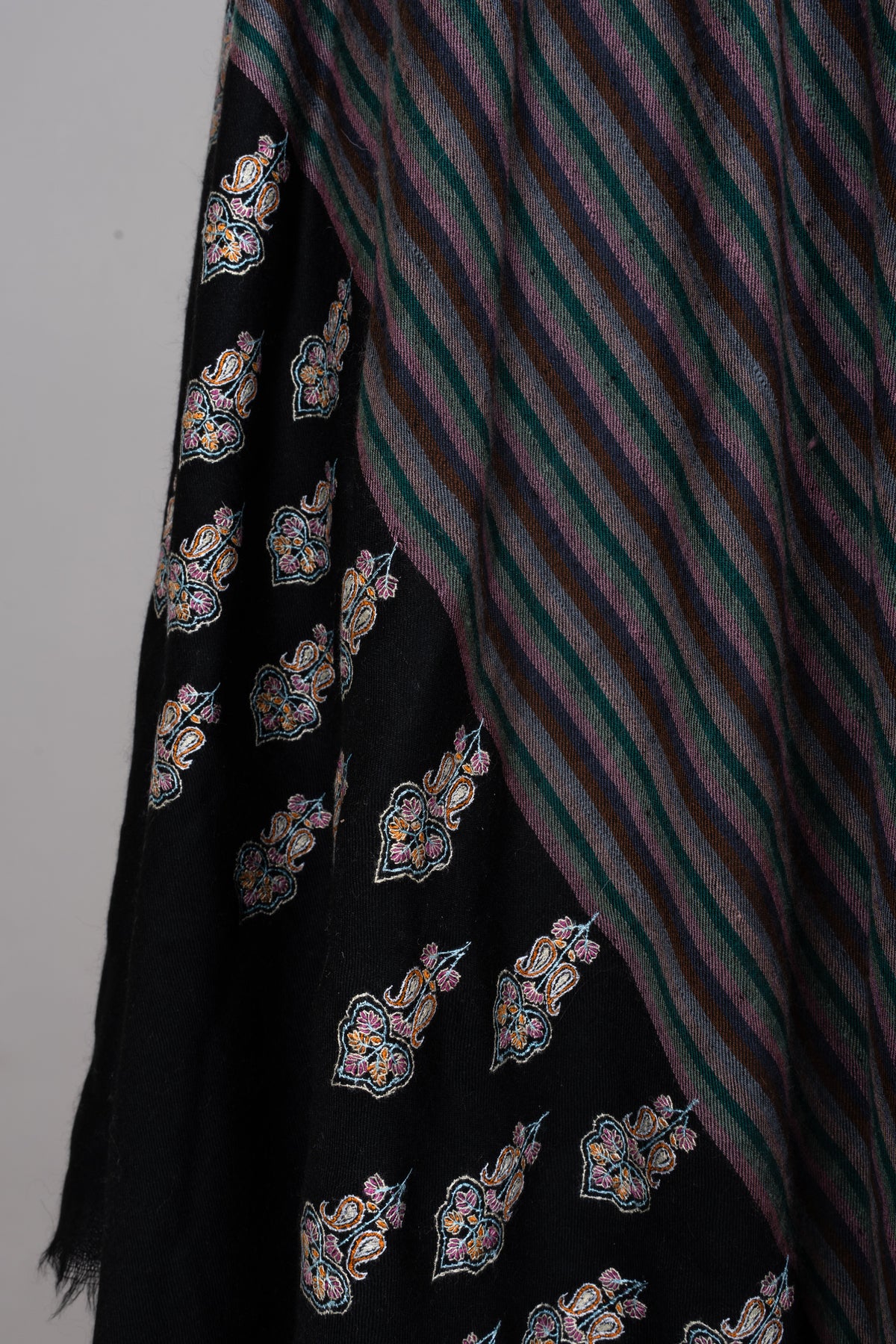 Twilight Stripe Fusion: Pure Pashmina Sozni Hand Embroidered Shawl