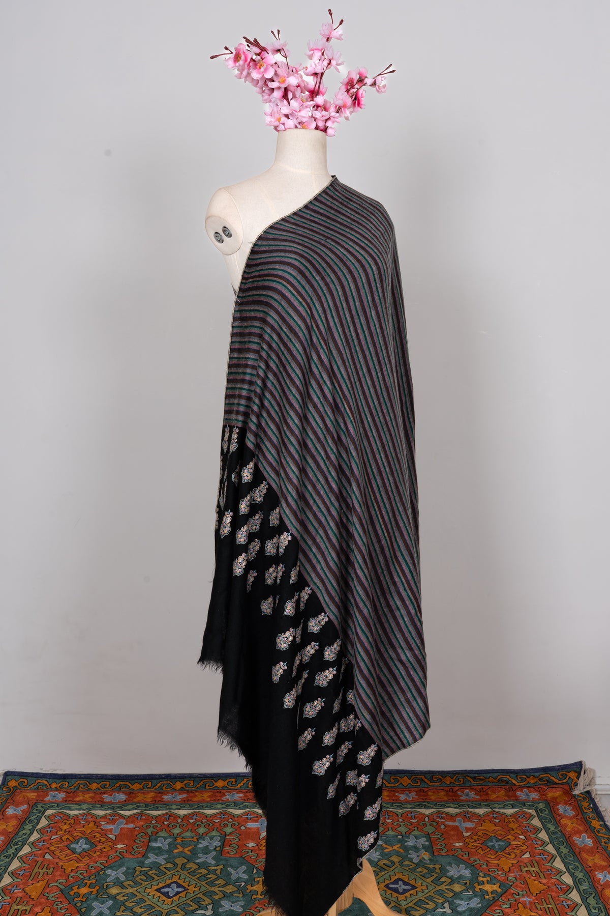 Twilight Stripe Fusion: Pure Pashmina Sozni Hand Embroidered Shawl