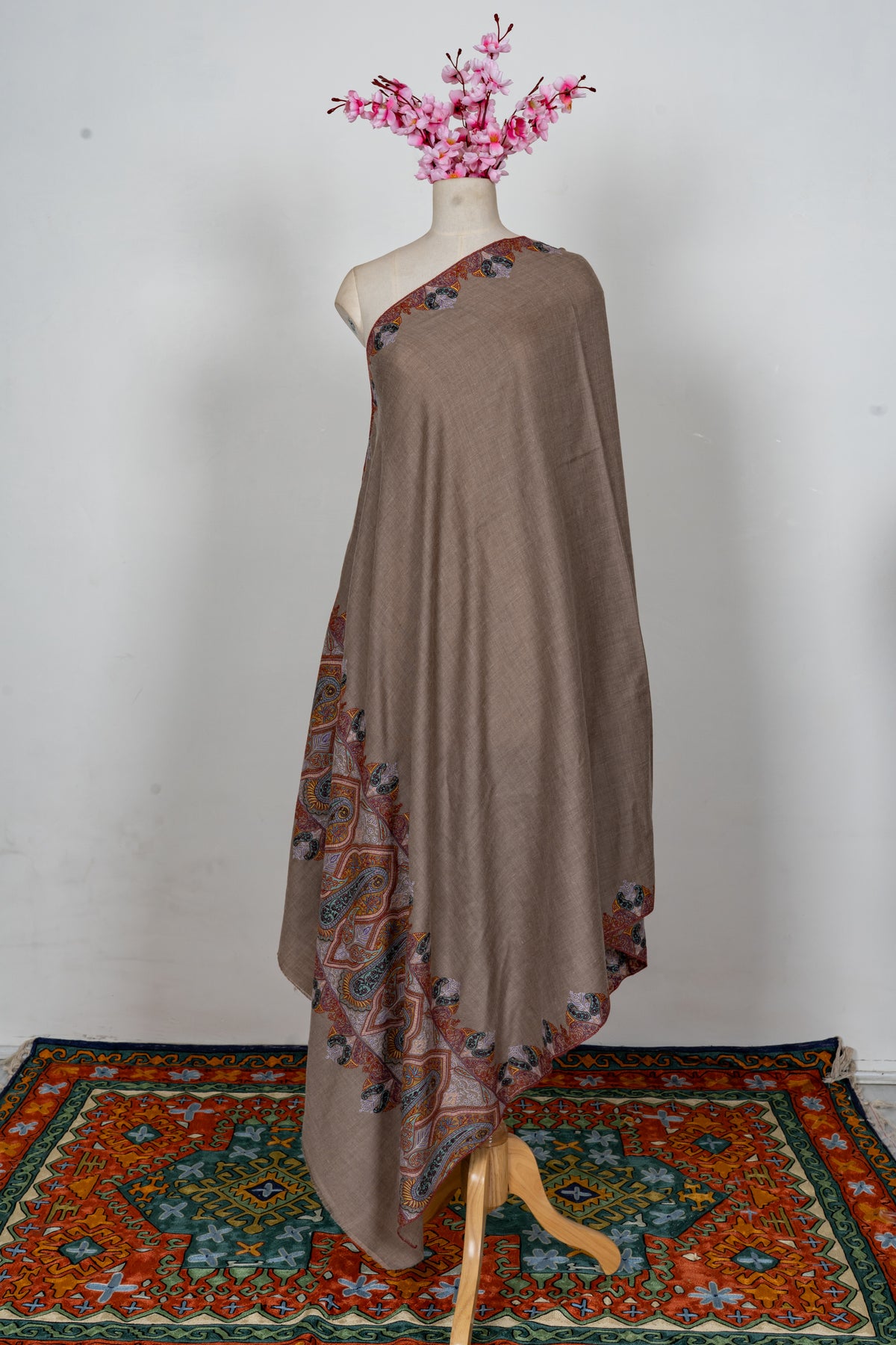 Sandstone Paisley Elegance: Pure pashmina Hand Embroidered Shawl