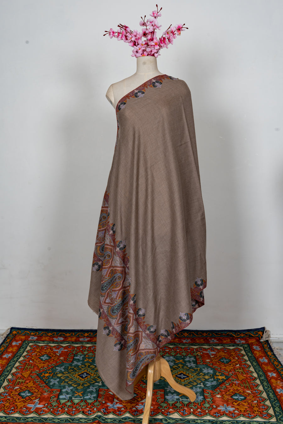 Sandstone Paisley Elegance: Pure pashmina Hand Embroidered Shawl