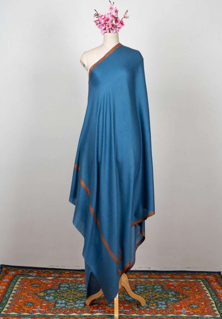 2.5 Yards Sozni Hand Embroidered Shawl in Ocean Teal Heritage Border