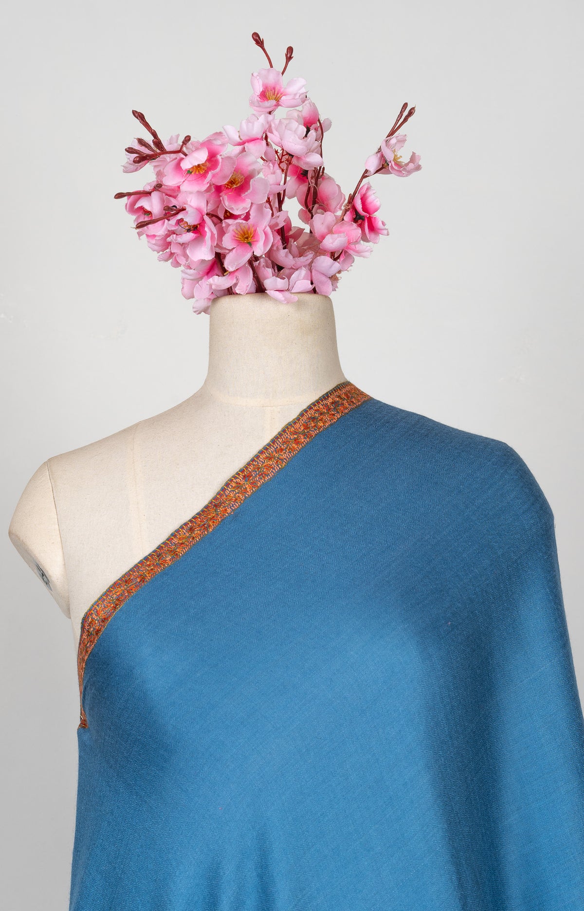 2.5 Yards Sozni Hand Embroidered Shawl in Ocean Teal Heritage Border