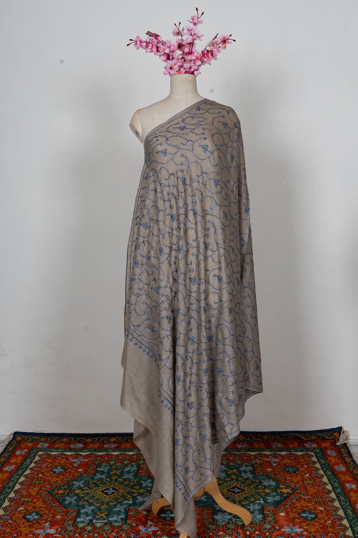 Mist Grey Floral Trail: Merino Wool Hand Embroidered 2.5 Yards Shawl