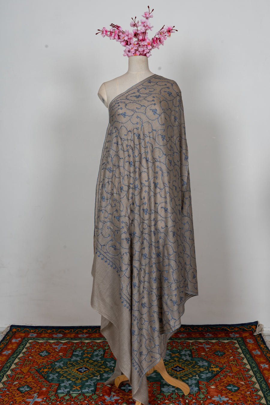 Mist Grey Floral Trail: Merino Wool Hand Embroidered 2.5 Yards Shawl