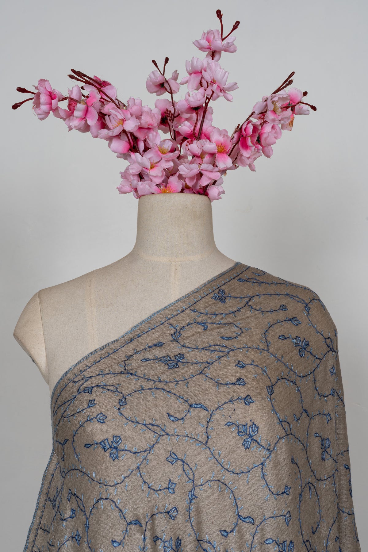 Mist Grey Floral Trail: Merino Wool Hand Embroidered 2.5 Yards Shawl