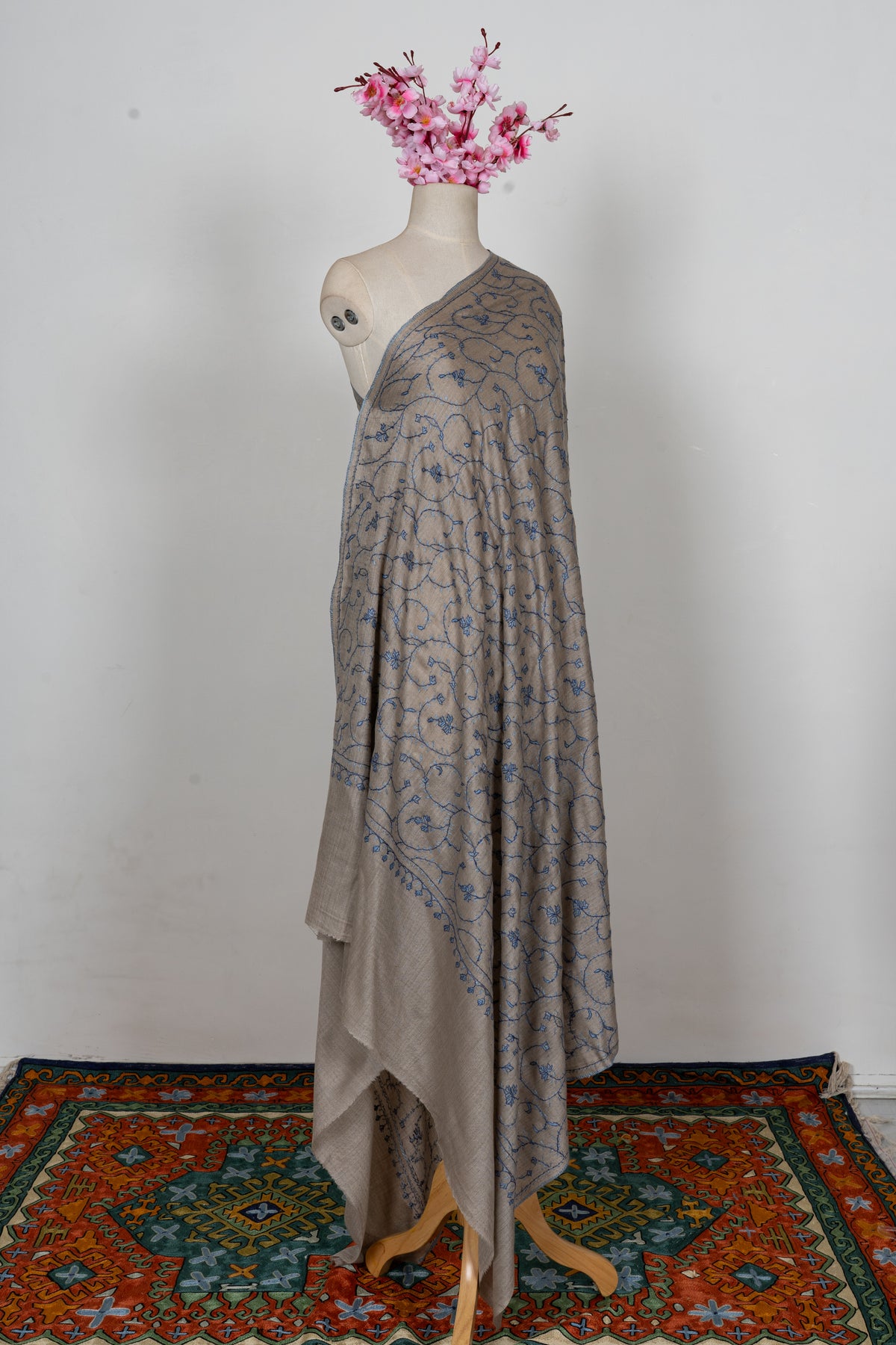 Mist Grey Floral Trail: Merino Wool Hand Embroidered 2.5 Yards Shawl