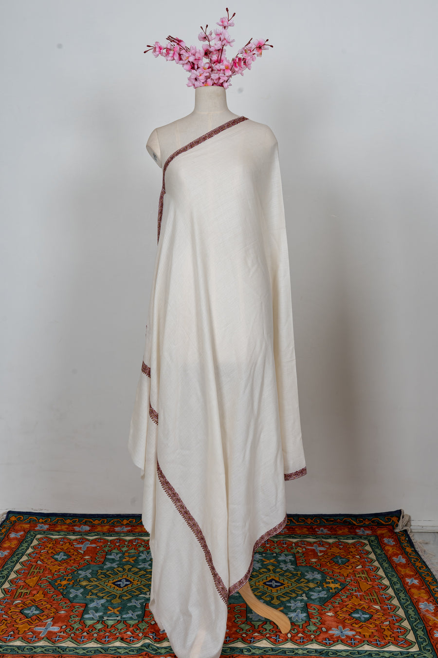 Ivory Minimal Border Grace: Merino Wool Hand Embroidered 2.5 Yards Shawl
