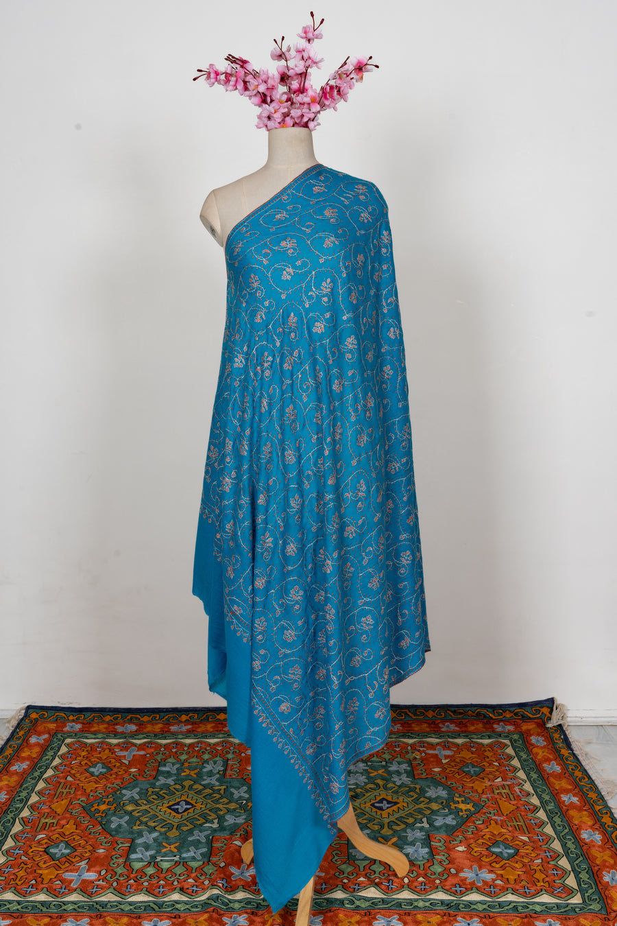 Turquoise Bloom Symphony: Merino Wool Hand Embroidered 2.5 Yards Shawl