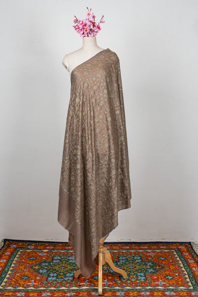 2.5 Yards Sozni Hand Embroidered Shawl in Mocha Brown Floral Veil
