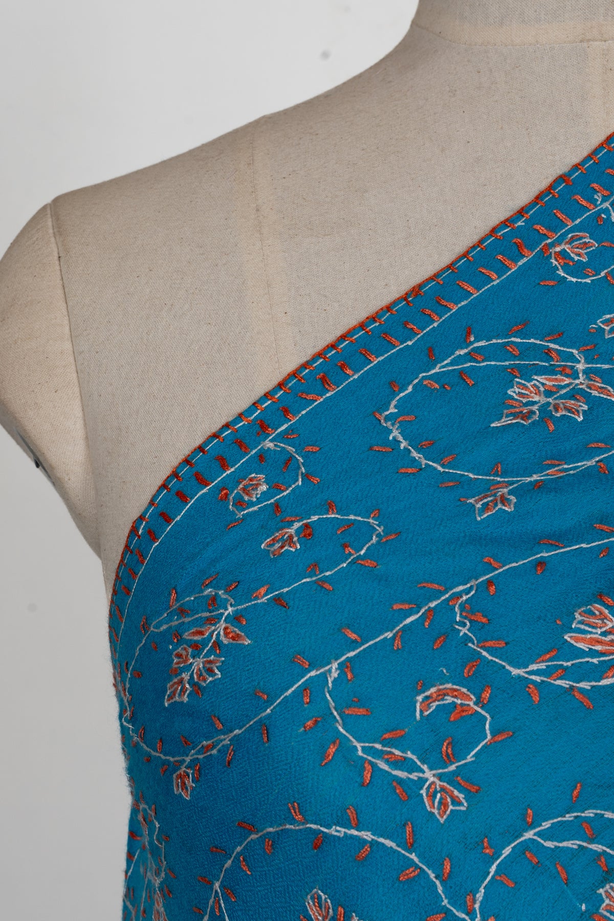 Turquoise Bloom Symphony: Merino Wool Hand Embroidered 2.5 Yards Shawl