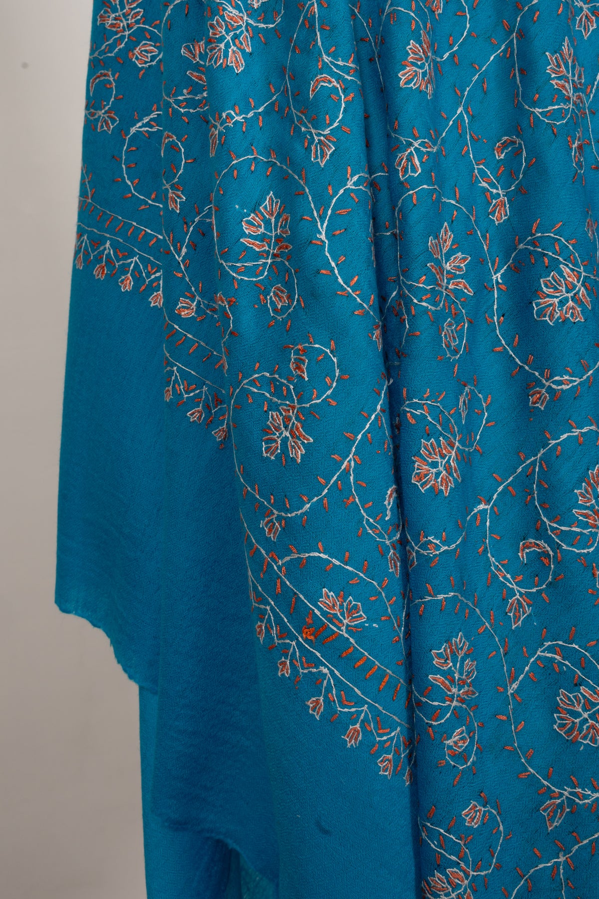 Turquoise Bloom Symphony: Merino Wool Hand Embroidered 2.5 Yards Shawl