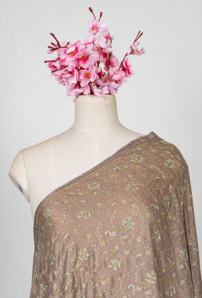 2.5 Yards Sozni Hand Embroidered Shawl in Mocha Brown Floral Veil