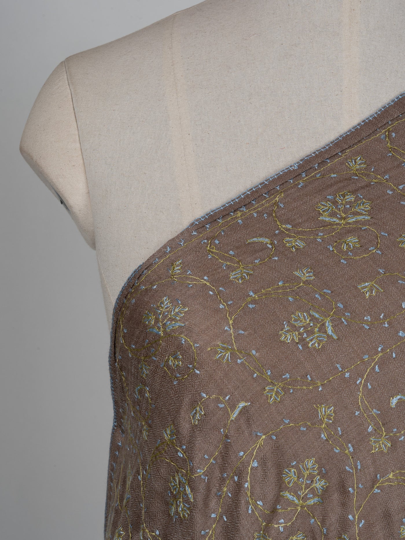 2.5 Yards Sozni Hand Embroidered Shawl in Mocha Brown Floral Veil