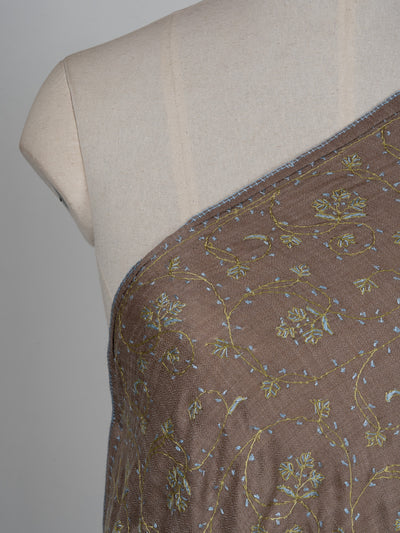 2.5 Yards Sozni Hand Embroidered Shawl in Mocha Brown Floral Veil